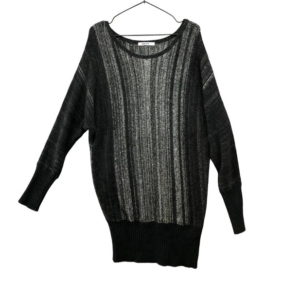 DKNY Dolman Sleeve Tunic Sweater Womens L Black Gray striped Angora Blend - Picture 1 of 12